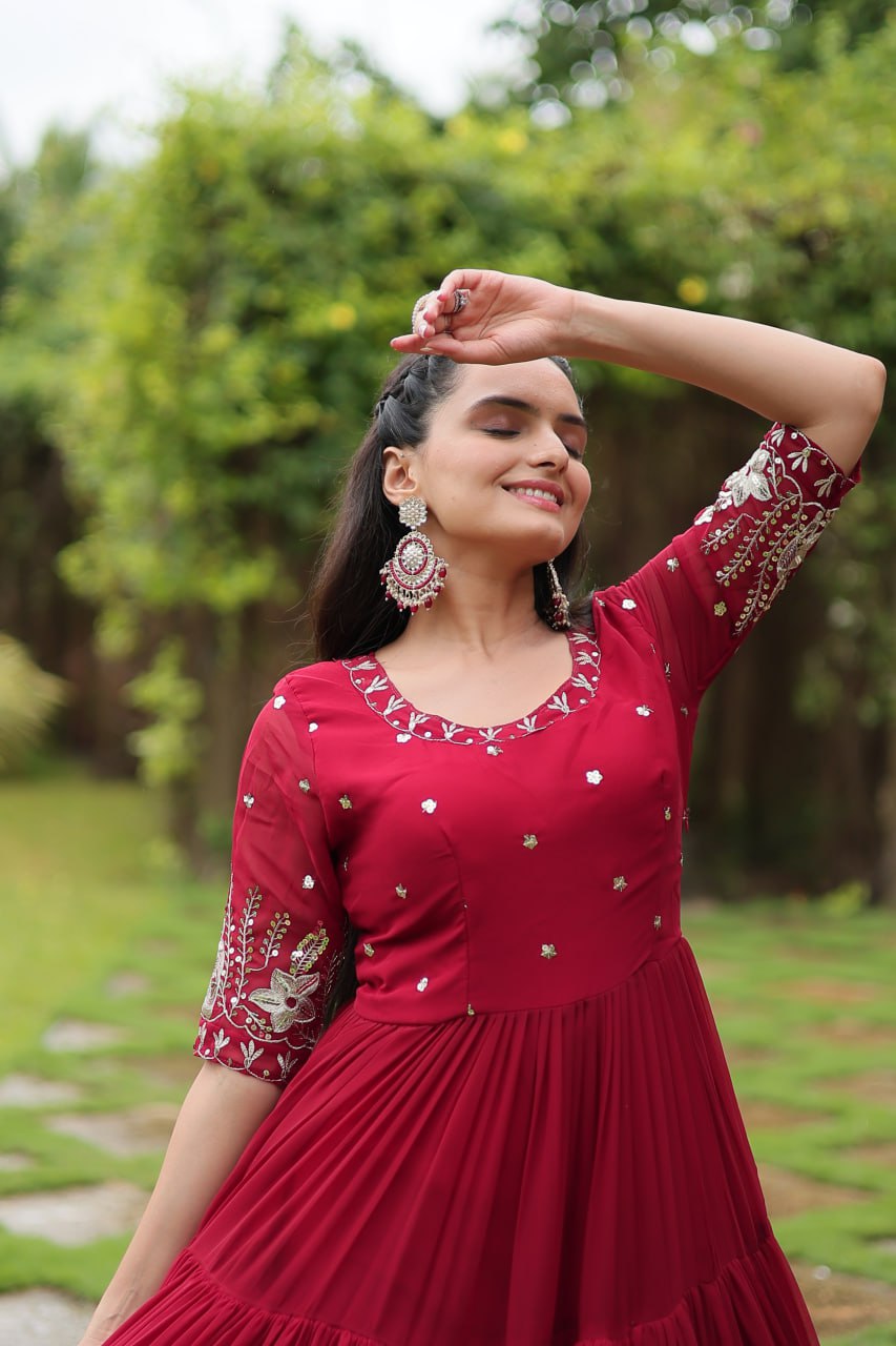 Premium Designer Faux Blooming With Embroidery Zari Sequins Work Gown Stitched