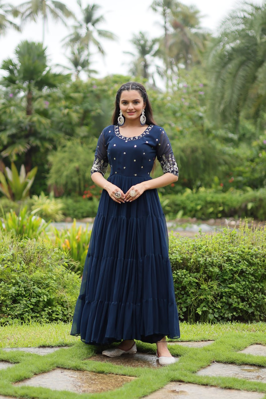 Premium Designer Faux Blooming With Embroidery Zari Sequins Work Gown Stitched