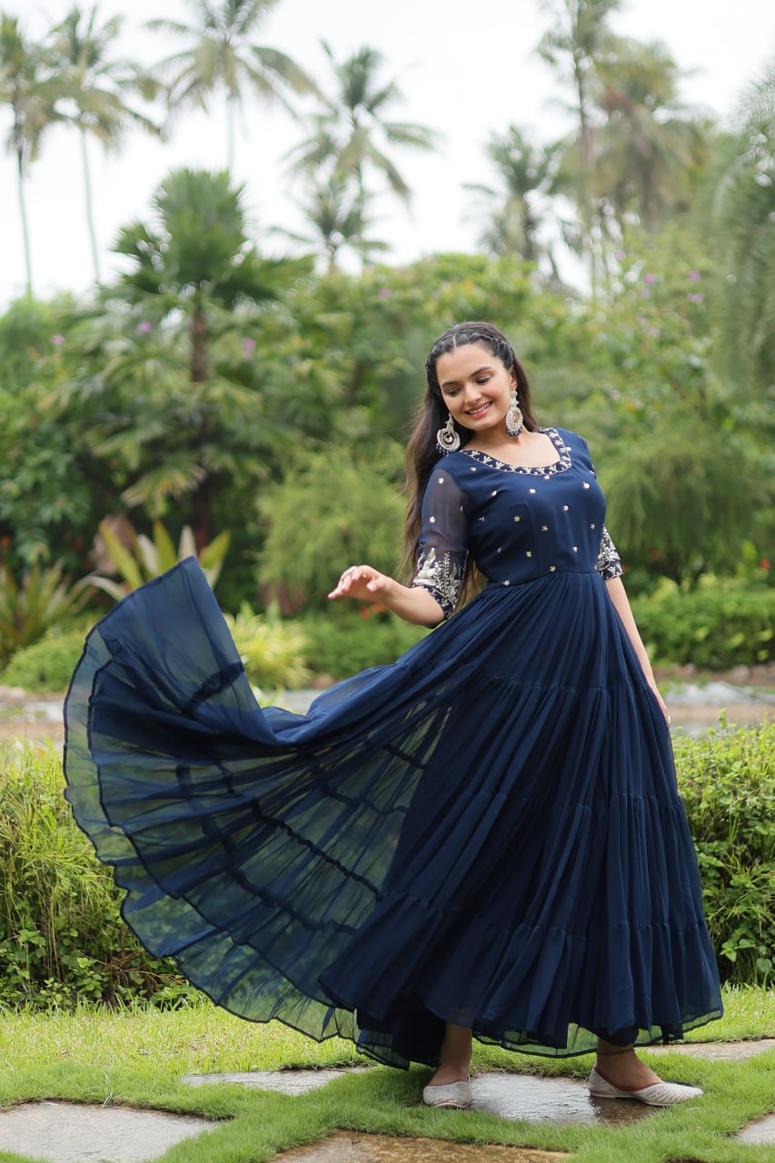 Premium Designer Faux Blooming With Embroidery Zari Sequins Work Gown Stitched