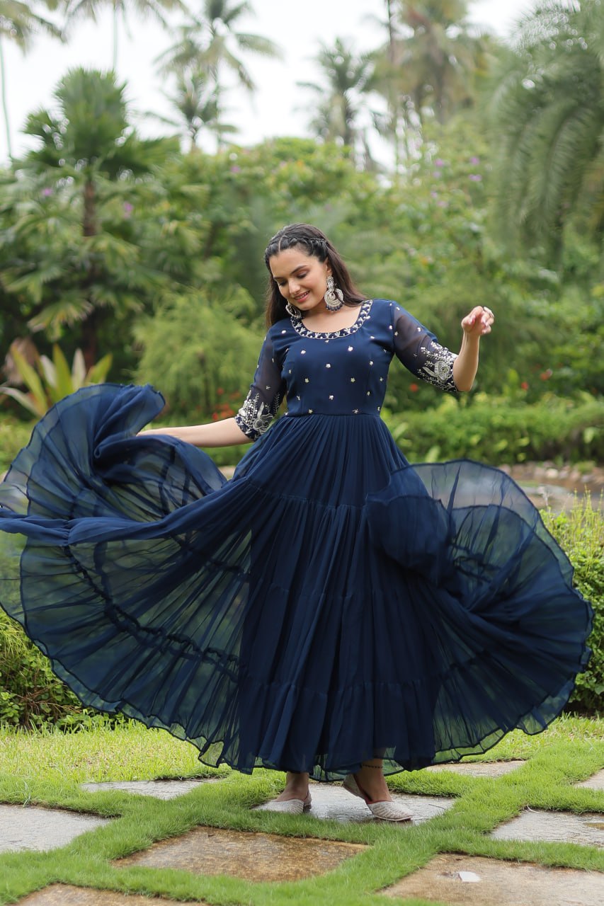 Premium Designer Faux Blooming With Embroidery Zari Sequins Work Gown Stitched