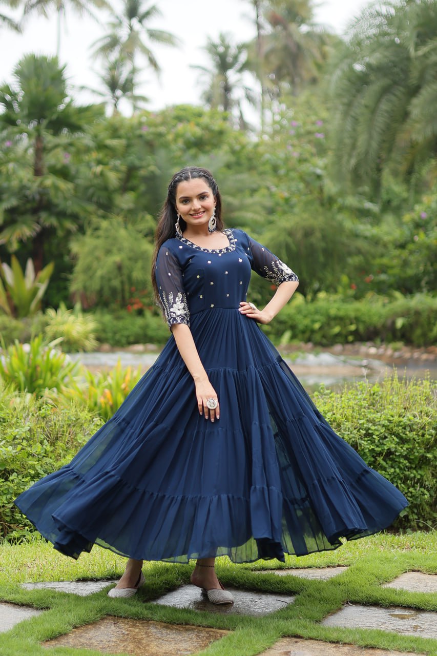 Premium Designer Faux Blooming With Embroidery Zari Sequins Work Gown Stitched