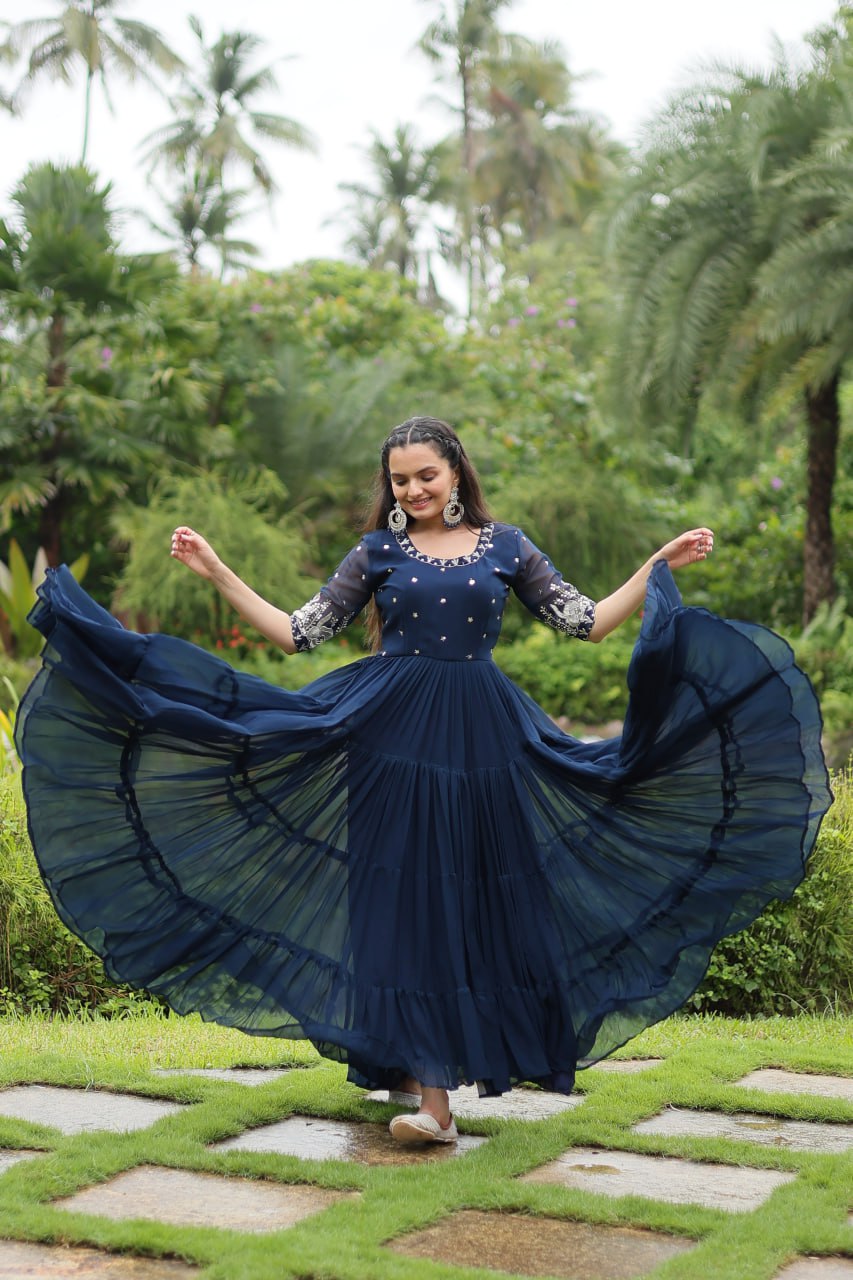 Premium Designer Faux Blooming With Embroidery Zari Sequins Work Gown Stitched