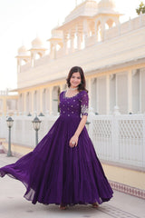 Premium Designer Faux Blooming With Embroidery Zari Sequins Work Gown Stitched