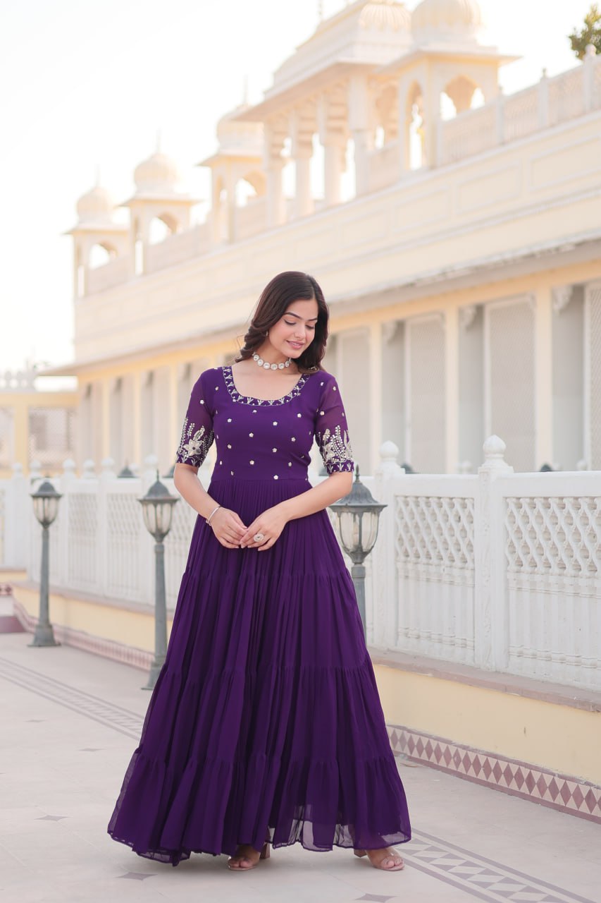 Premium Designer Faux Blooming With Embroidery Zari Sequins Work Gown Stitched