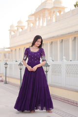 Premium Designer Faux Blooming With Embroidery Zari Sequins Work Gown Stitched