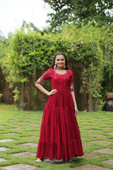Premium Designer Faux Blooming With Embroidery Zari Sequins Work Gown Stitched