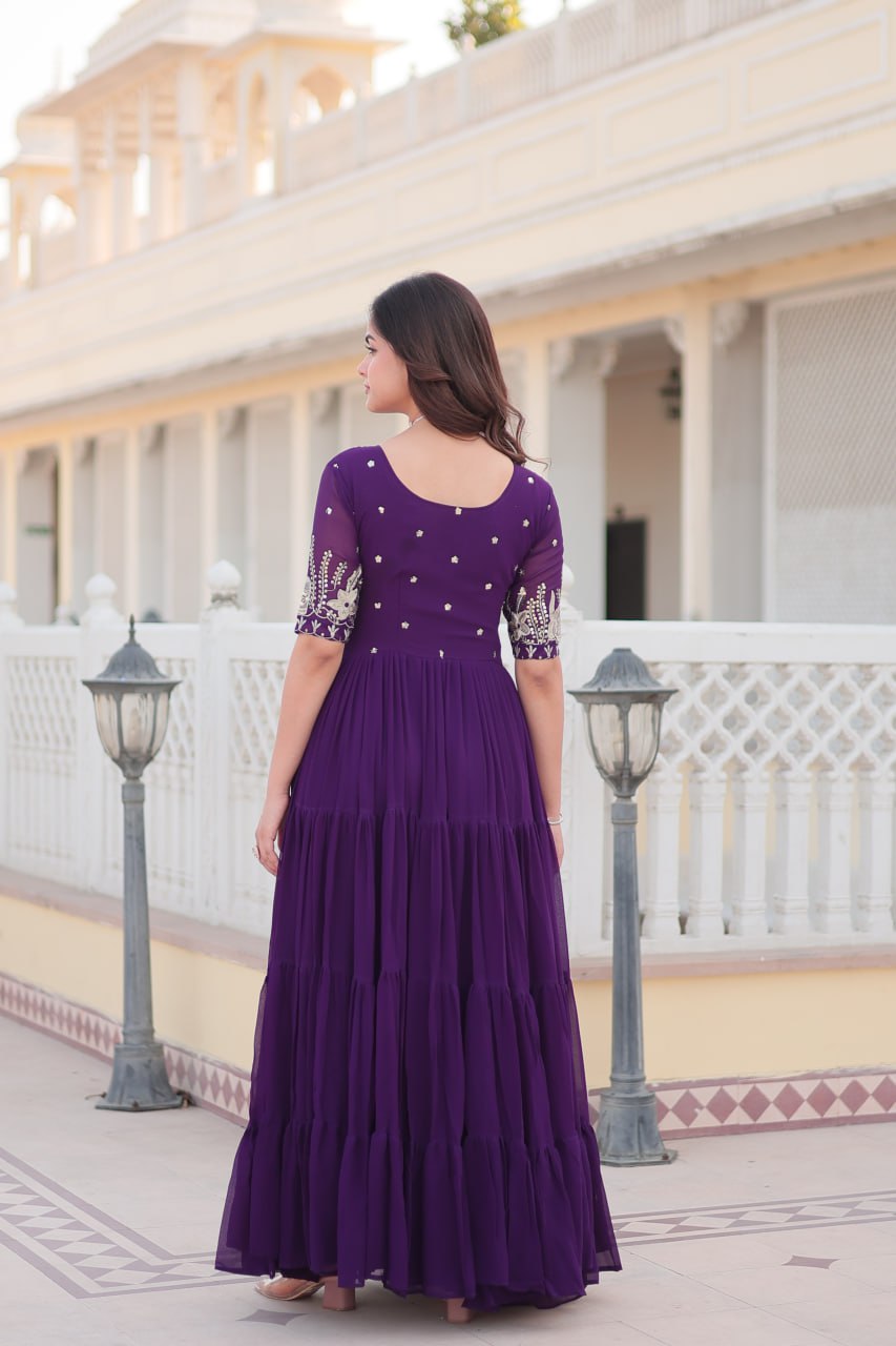 Premium Designer Faux Blooming With Embroidery Zari Sequins Work Gown Stitched