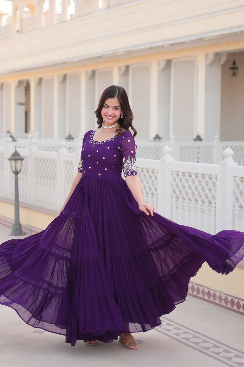 Premium Designer Faux Blooming With Embroidery Zari Sequins Work Gown Stitched