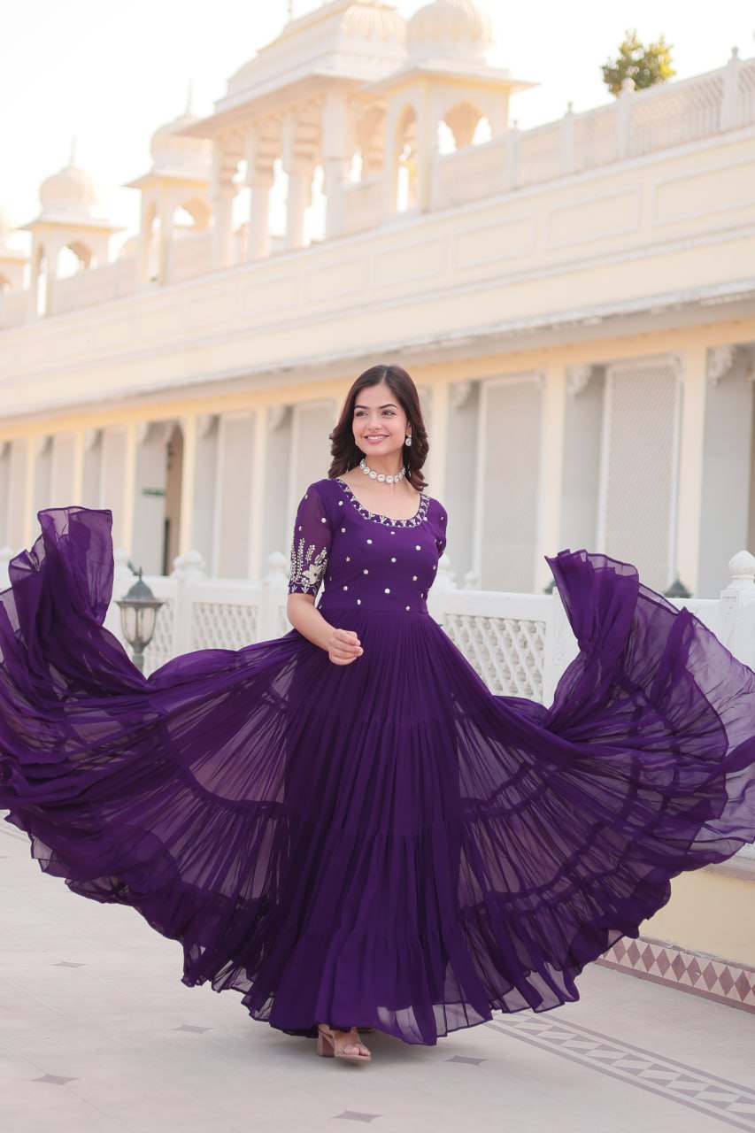 Premium Designer Faux Blooming With Embroidery Zari Sequins Work Gown Stitched
