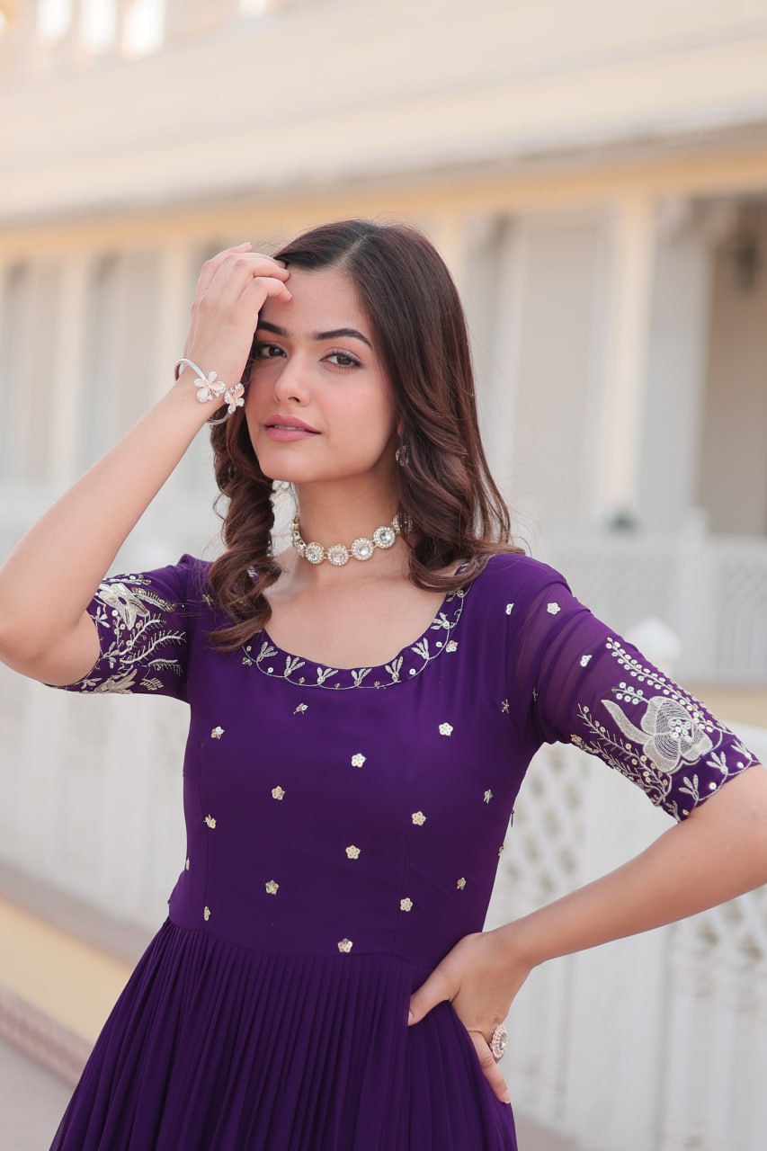 Premium Designer Faux Blooming With Embroidery Zari Sequins Work Gown Stitched