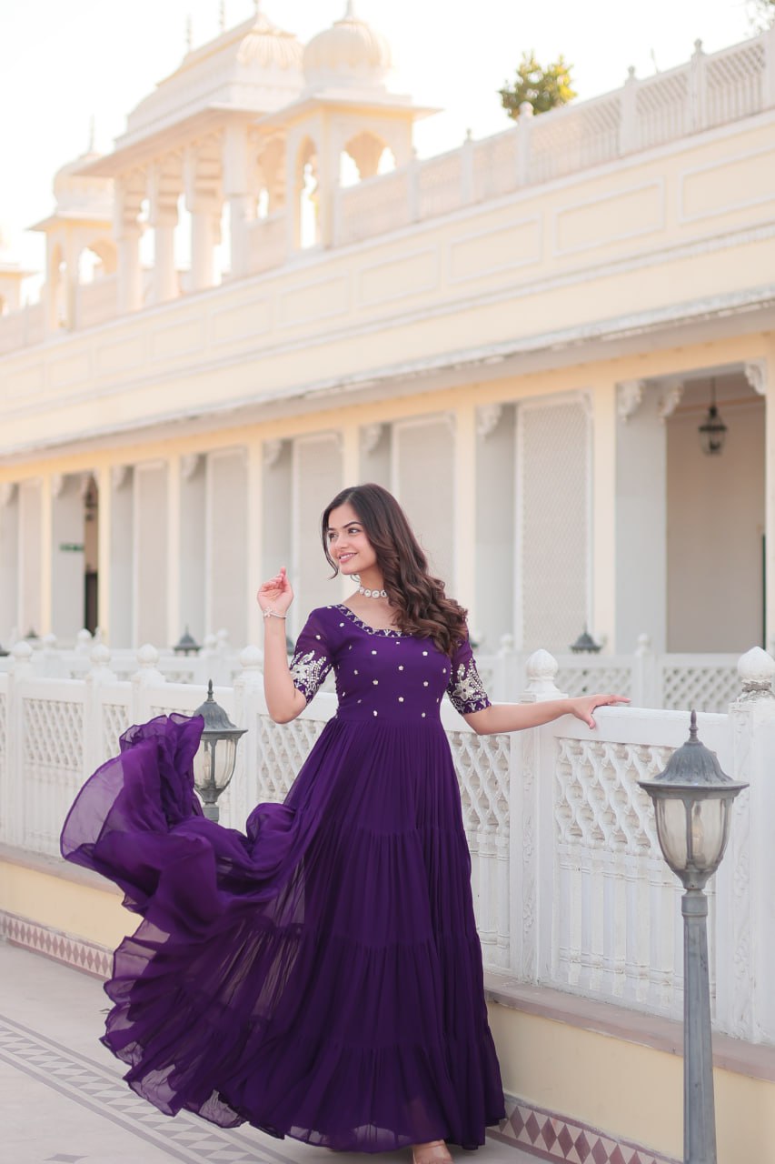 Premium Designer Faux Blooming With Embroidery Zari Sequins Work Gown Stitched