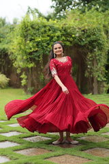 Premium Designer Faux Blooming With Embroidery Zari Sequins Work Gown Stitched