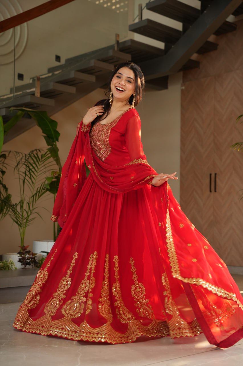 Designer Readymade Anarkali Gown Set In Radiant Yellow & Royal Red With Zari Sequins Embroidery And Dupatta