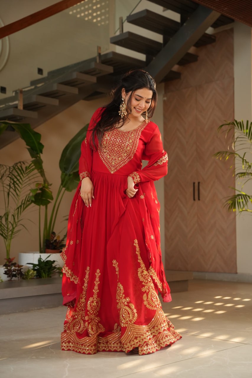 Designer Readymade Anarkali Gown Set In Radiant Yellow & Royal Red With Zari Sequins Embroidery And Dupatta