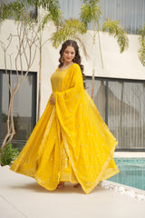 Designer Readymade Anarkali Gown Set In Radiant Yellow & Royal Red With Zari Sequins Embroidery And Dupatta
