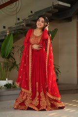 Designer Readymade Anarkali Gown Set In Radiant Yellow & Royal Red With Zari Sequins Embroidery And Dupatta