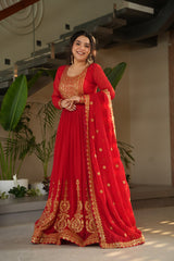 Designer Readymade Anarkali Gown Set In Radiant Yellow & Royal Red With Zari Sequins Embroidery And Dupatta