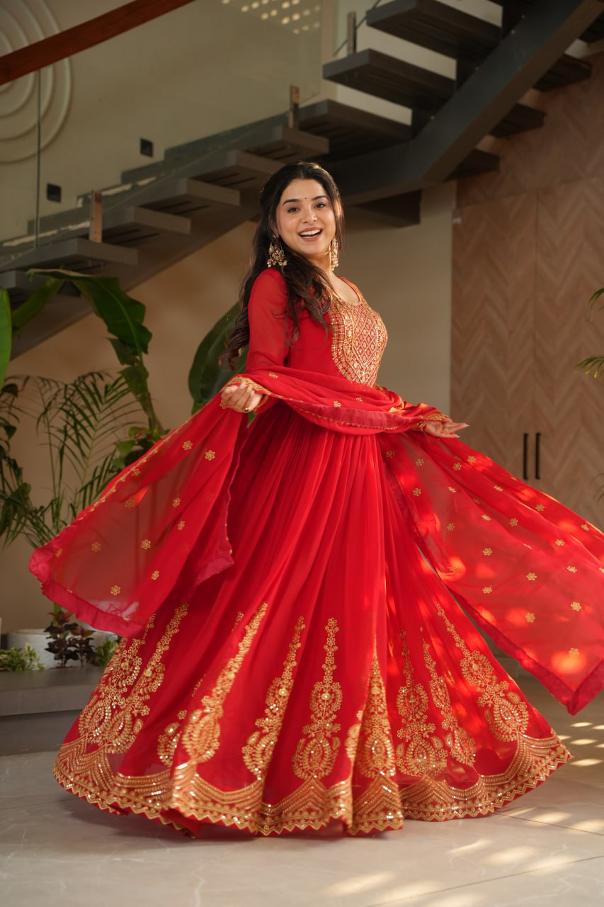 Designer Readymade Anarkali Gown Set In Radiant Yellow & Royal Red With Zari Sequins Embroidery And Dupatta