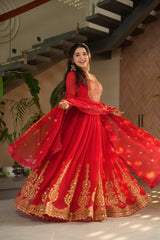 Designer Readymade Anarkali Gown Set In Radiant Yellow & Royal Red With Zari Sequins Embroidery And Dupatta