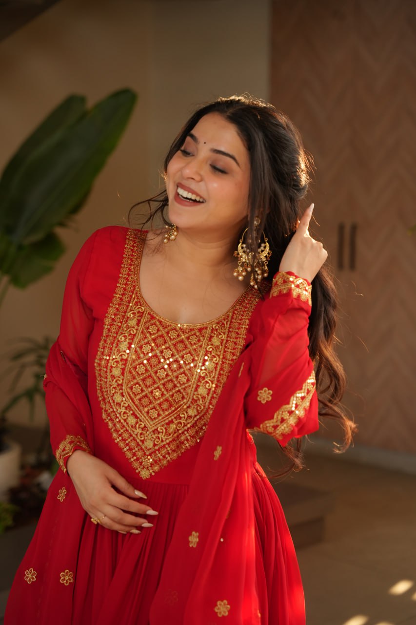 Designer Readymade Anarkali Gown Set In Radiant Yellow & Royal Red With Zari Sequins Embroidery And Dupatta