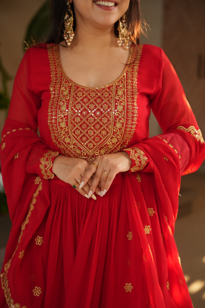 Designer Readymade Anarkali Gown Set In Radiant Yellow & Royal Red With Zari Sequins Embroidery And Dupatta