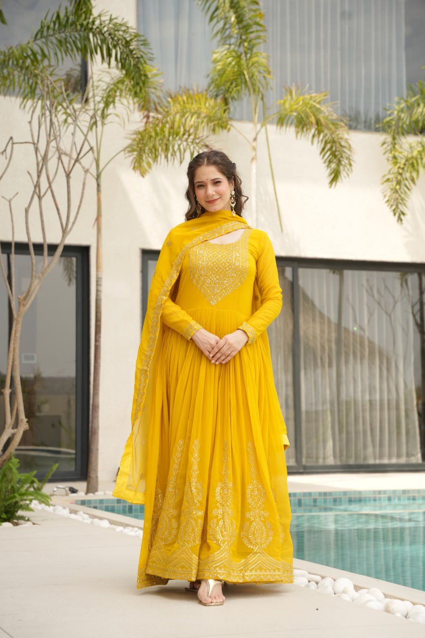 Designer Readymade Anarkali Gown Set In Radiant Yellow & Royal Red With Zari Sequins Embroidery And Dupatta