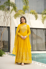 Designer Readymade Anarkali Gown Set In Radiant Yellow & Royal Red With Zari Sequins Embroidery And Dupatta