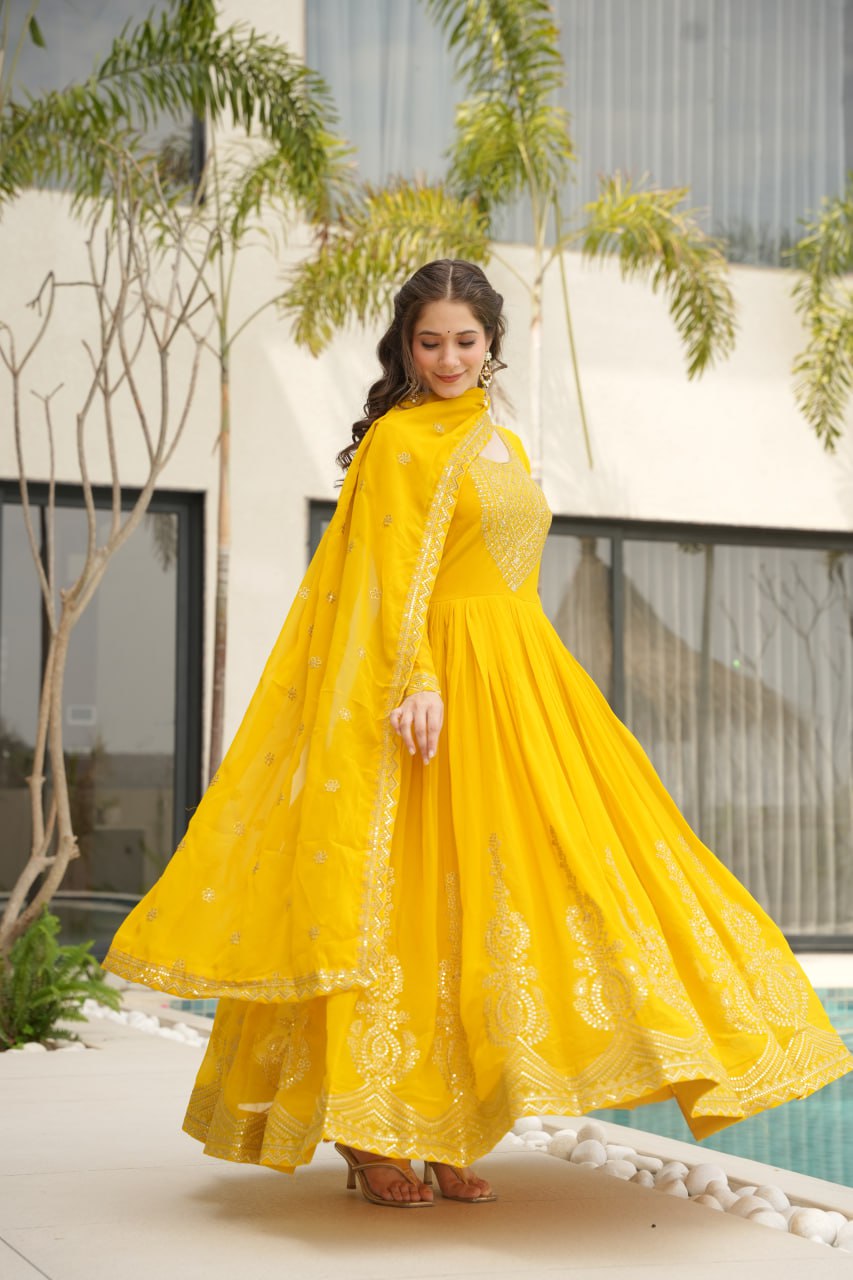 Designer Readymade Anarkali Gown Set In Radiant Yellow & Royal Red With Zari Sequins Embroidery And Dupatta