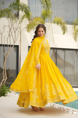 Designer Readymade Anarkali Gown Set In Radiant Yellow & Royal Red With Zari Sequins Embroidery And Dupatta