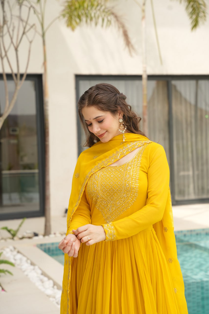 Designer Readymade Anarkali Gown Set In Radiant Yellow & Royal Red With Zari Sequins Embroidery And Dupatta