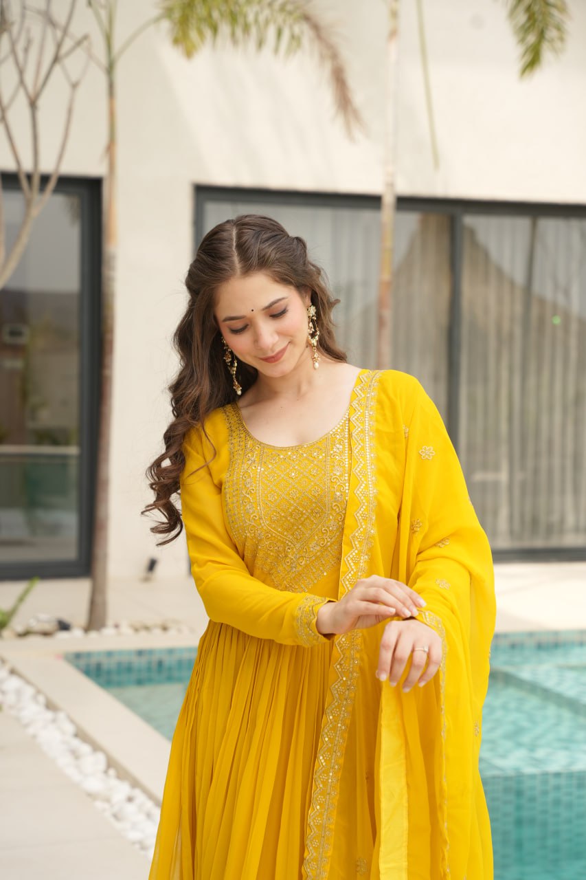 Designer Readymade Anarkali Gown Set In Radiant Yellow & Royal Red With Zari Sequins Embroidery And Dupatta