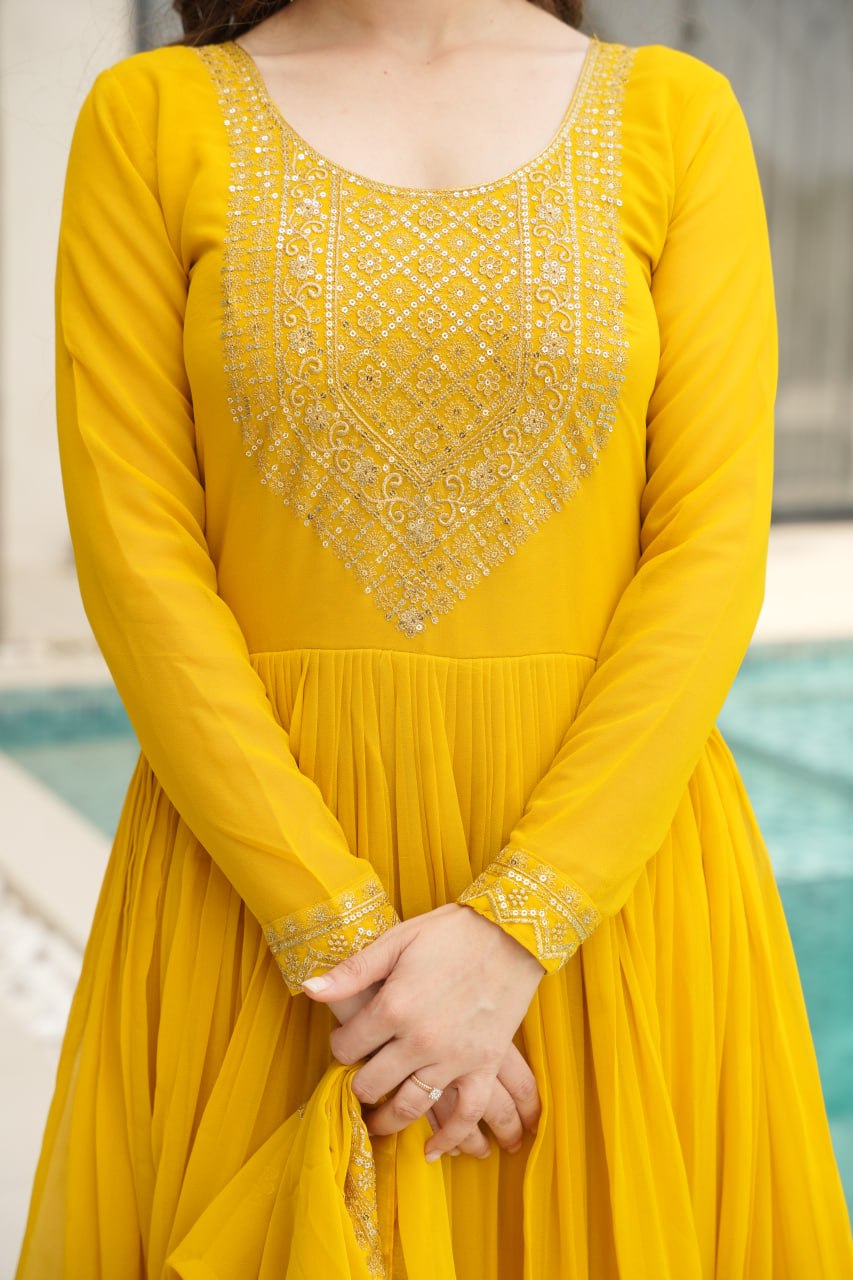 Designer Readymade Anarkali Gown Set In Radiant Yellow & Royal Red With Zari Sequins Embroidery And Dupatta