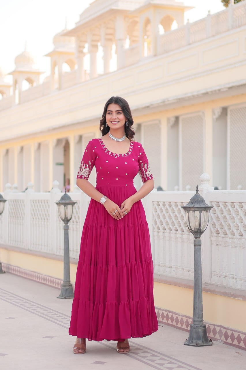 Premium Designer Faux Blooming With Embroidery Zari Sequins Work Gown Stitched