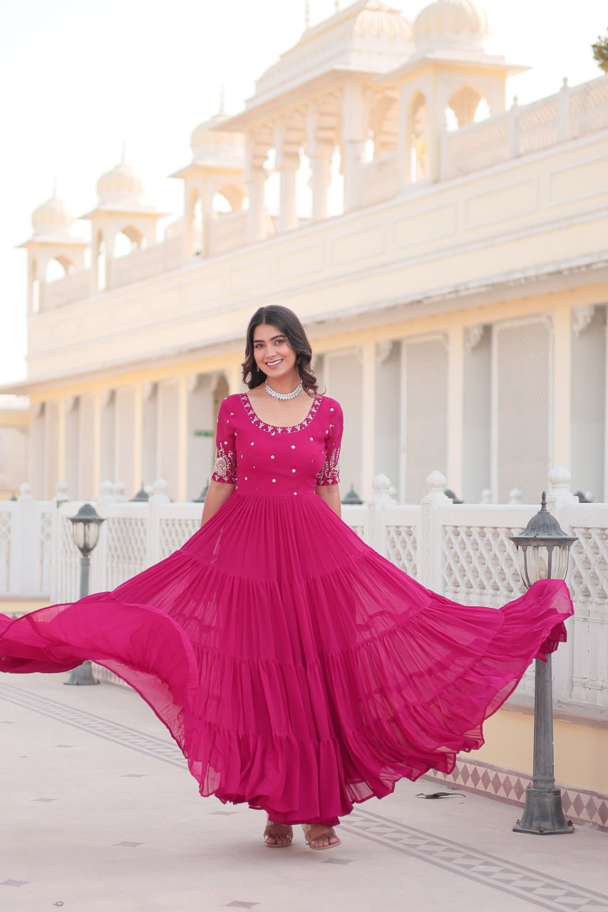 Premium Designer Faux Blooming With Embroidery Zari Sequins Work Gown Stitched
