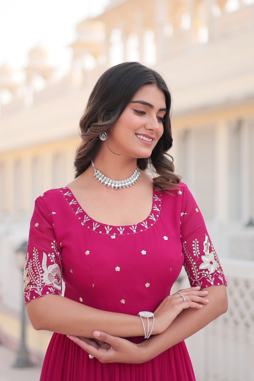Premium Designer Faux Blooming With Embroidery Zari Sequins Work Gown Stitched