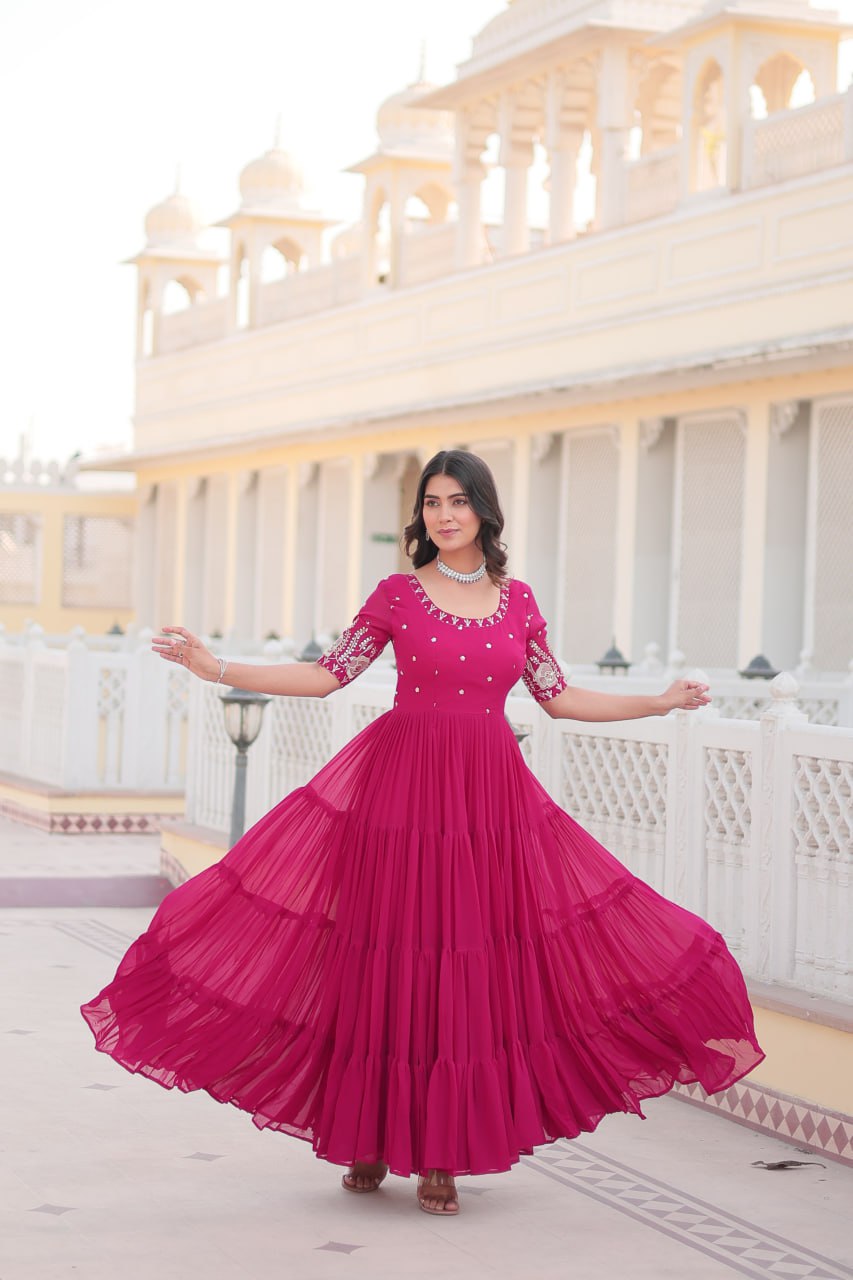 Premium Designer Faux Blooming With Embroidery Zari Sequins Work Gown Stitched