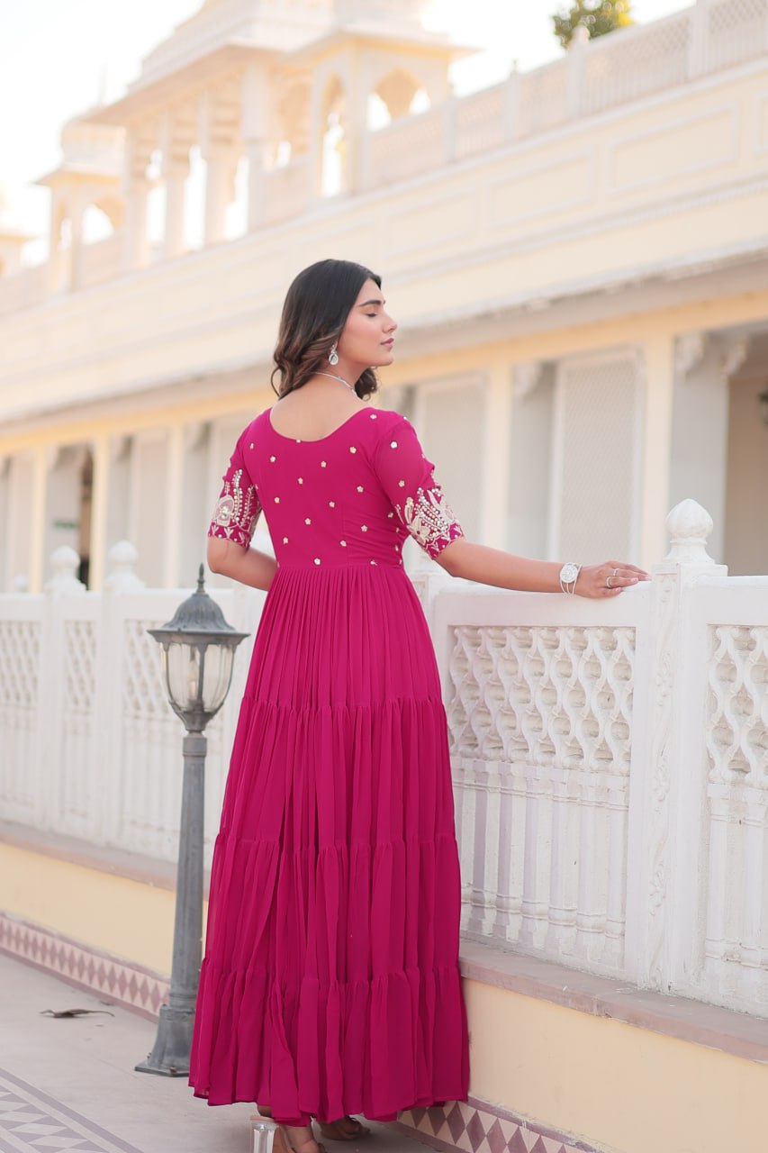 Premium Designer Faux Blooming With Embroidery Zari Sequins Work Gown Stitched