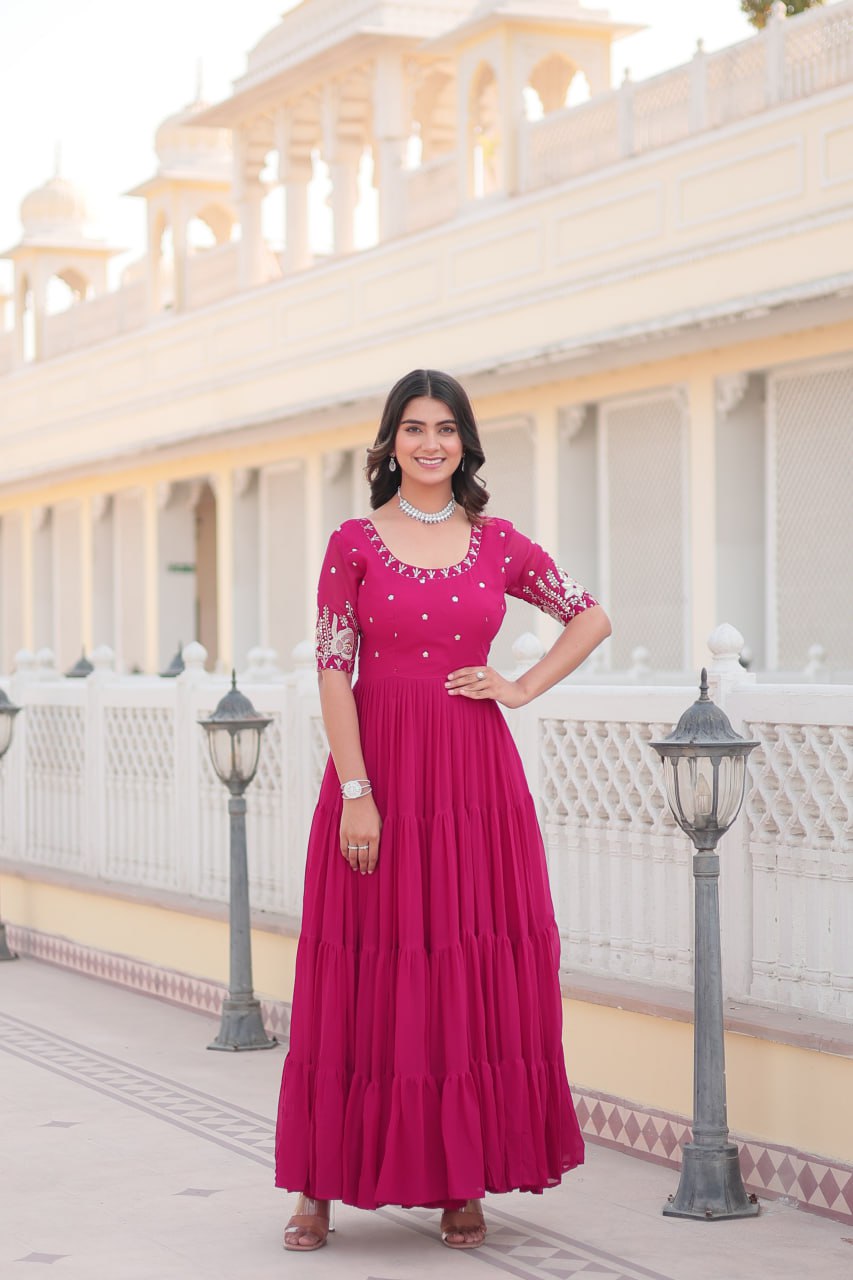 Premium Designer Faux Blooming With Embroidery Zari Sequins Work Gown Stitched