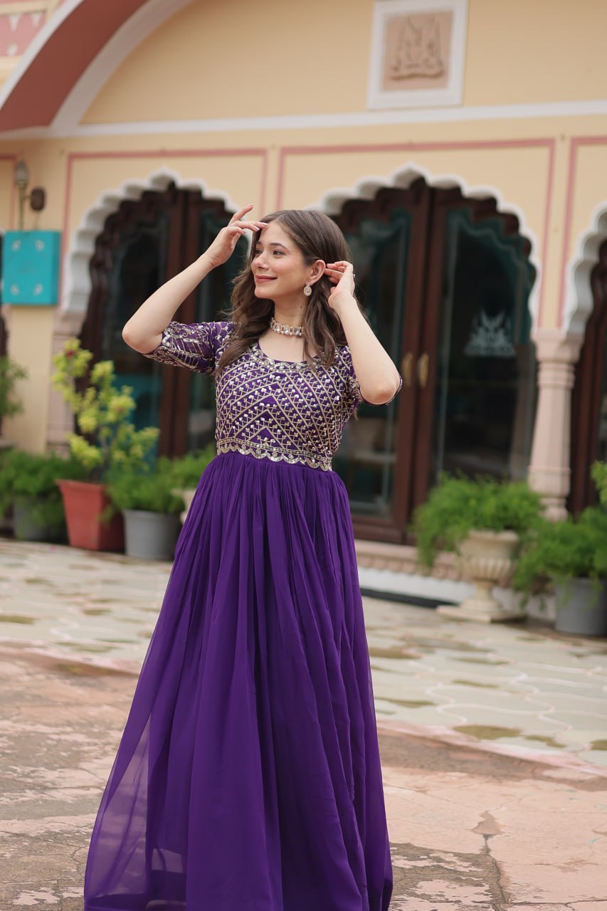 Women's Purple zari Embroidered Floor Length Anarkali Gown