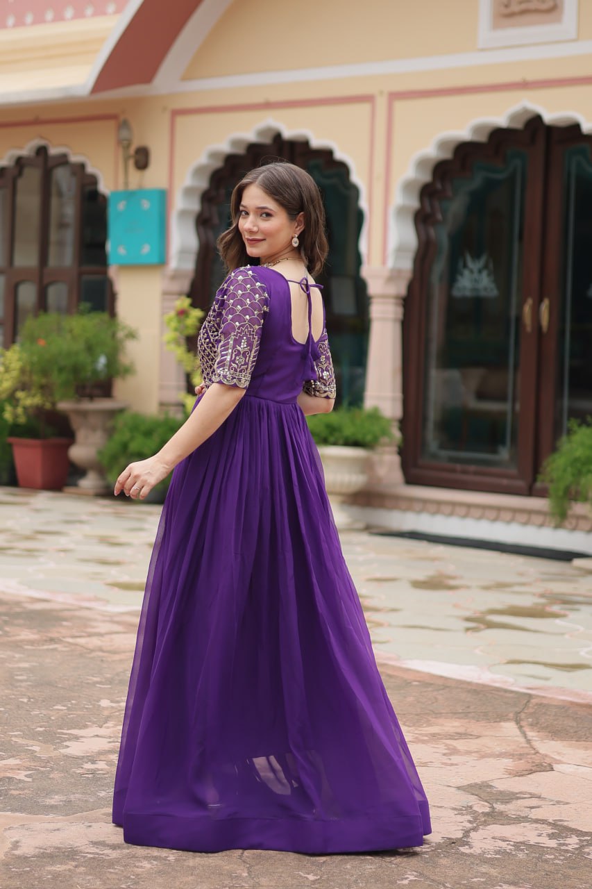 Women's Purple zari Embroidered Floor Length Anarkali Gown