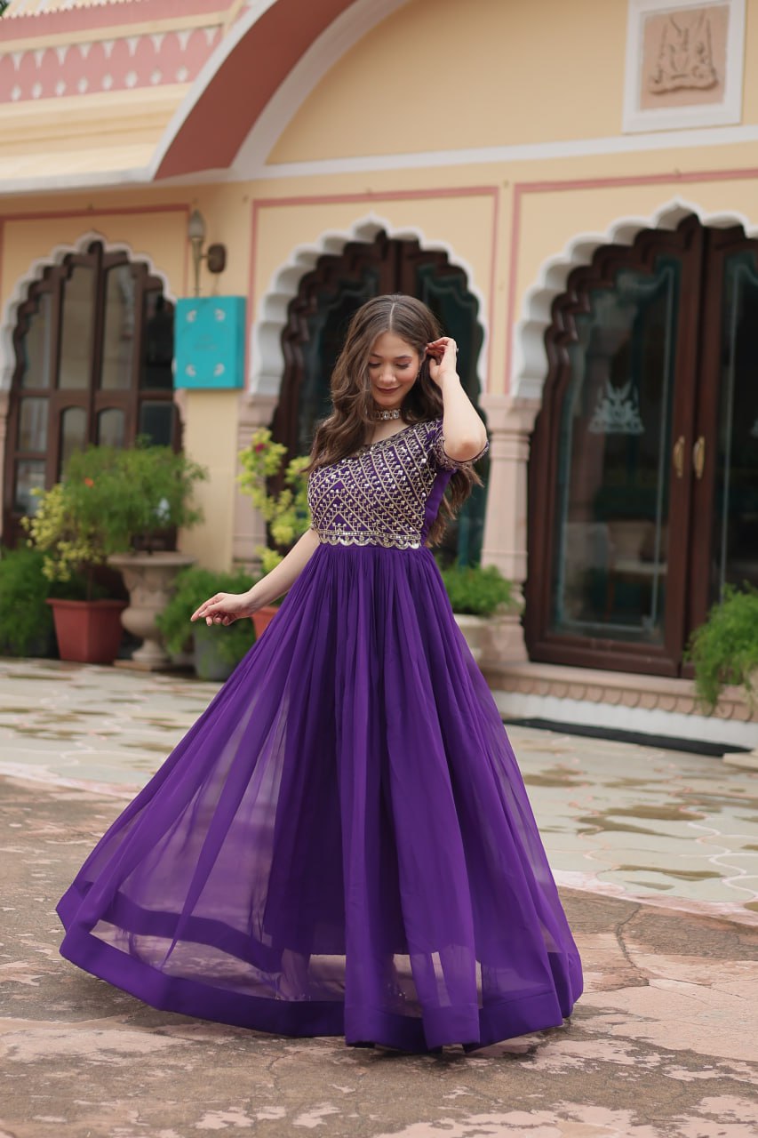 Women's Purple zari Embroidered Floor Length Anarkali Gown