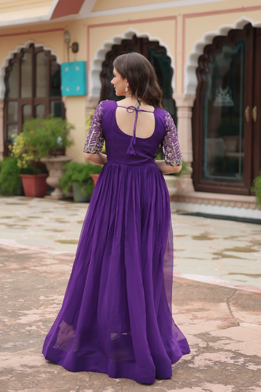 Women's Purple zari Embroidered Floor Length Anarkali Gown