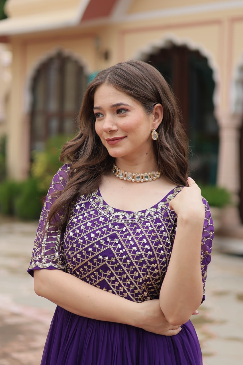 Women's Purple zari Embroidered Floor Length Anarkali Gown