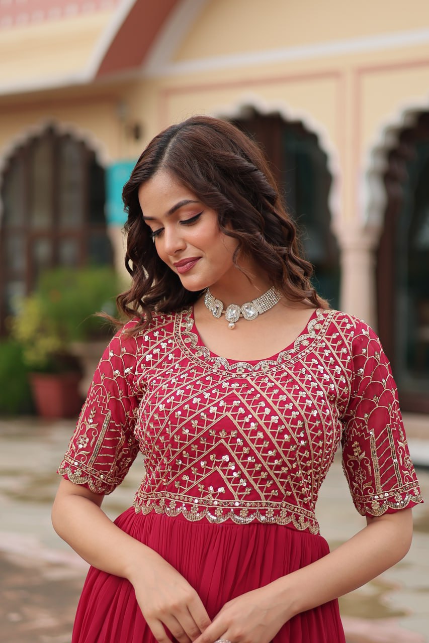 Designer Pink Color Zari Embroidered Anarkali Gown