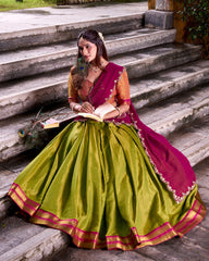 FANTASTIC OLIVE GREEN KANCHIPURAM SILK TRADITIONAL HALF SAREE LEHENGA