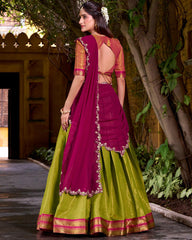 FANTASTIC OLIVE GREEN KANCHIPURAM SILK TRADITIONAL HALF SAREE LEHENGA