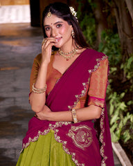 FANTASTIC OLIVE GREEN KANCHIPURAM SILK TRADITIONAL HALF SAREE LEHENGA