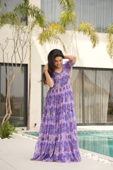 Floral Printed Georgette Women Tiered Gown