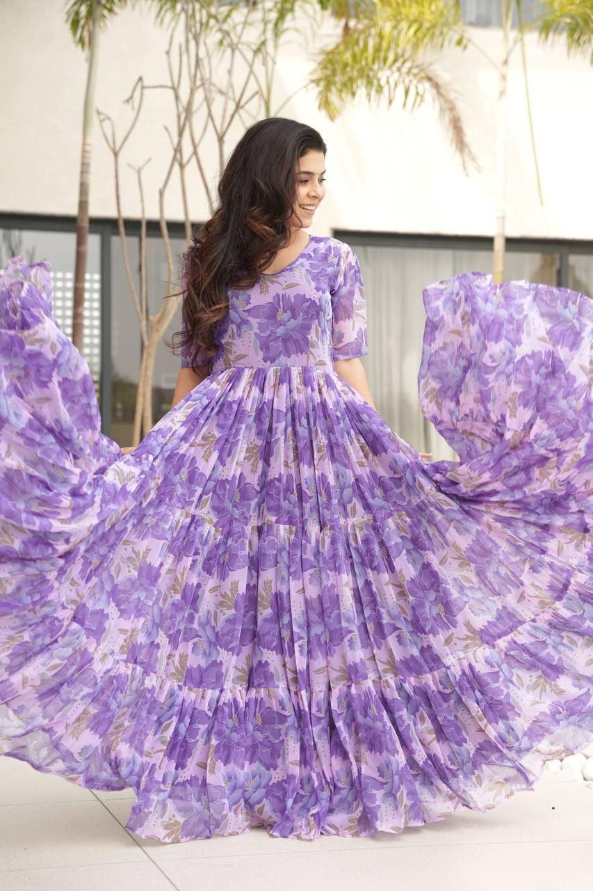 Floral Printed Georgette Women Tiered Gown