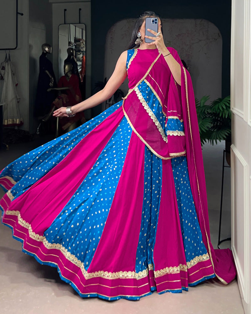 PINK AND BLUE DESIGNER BANDHEJ PRINT BEAUTIFUL LEHENGA CHOLI